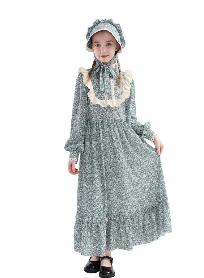Nuoqi Prairie Dress Girls Colonial Pioneer Costume 1800s Victorian Dress for Girls 8-9, Blue - Image 3